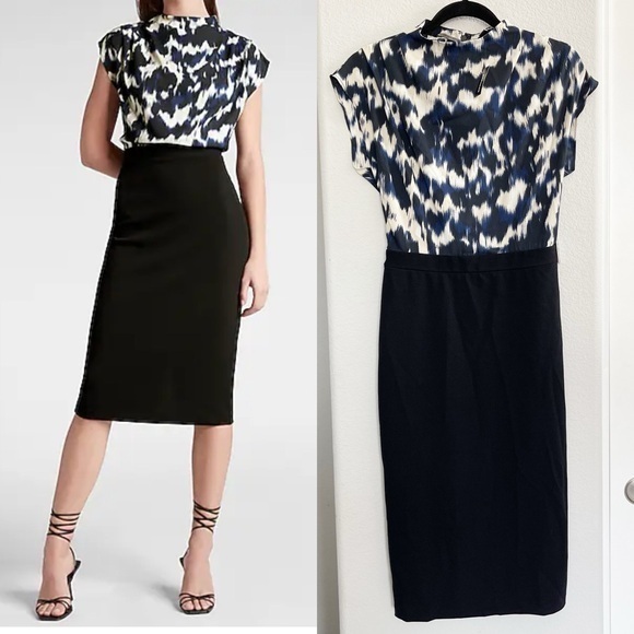 Express Dresses & Skirts - NWT Express Printed Mock Neck Dress Blue Black